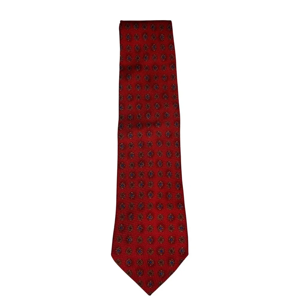 Ermenegildo Zegna‎ Silk Tie Men's Red Gold Blue Geometric Medallion Italy